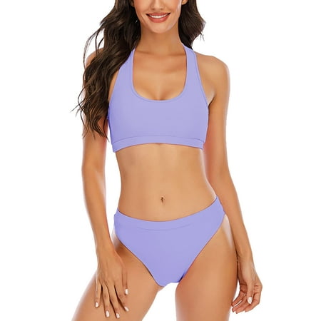 

YELAIVP Women s Solid Racerback Athletic Bikinis Sporty Two Pieces Swimsuit Junior Teen Girls Sports Bathing Suits Light Purple