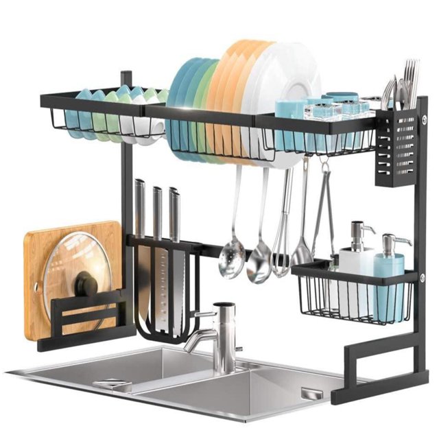 Over The Sink Dish Drying Rack, Adjustable 2-tier Stainless Steel Kitchen Tableware and Knife Organizers for Kitchen Counter, Space Saver Storage Organizer (32≤ Sink Size ≤ 39.5 inch)
