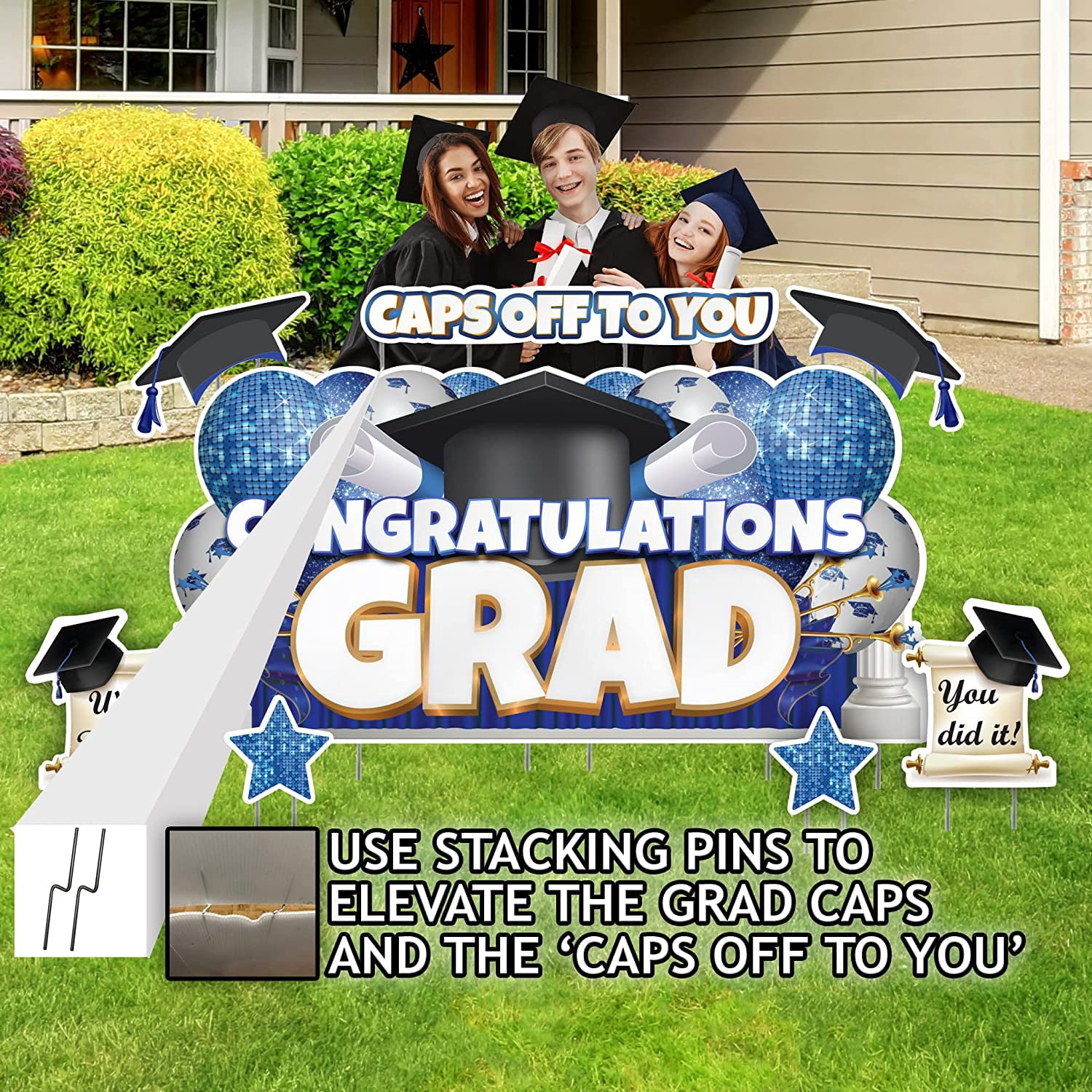 VictoryStore Oversized Blue Congratulations Grad, Caps Off To You EZ Yard Card Set, 8 Pieces