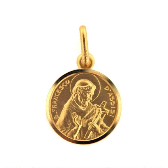18K Solid Yellow Gold Round Saint Francis of Assisi Medal 13 mm