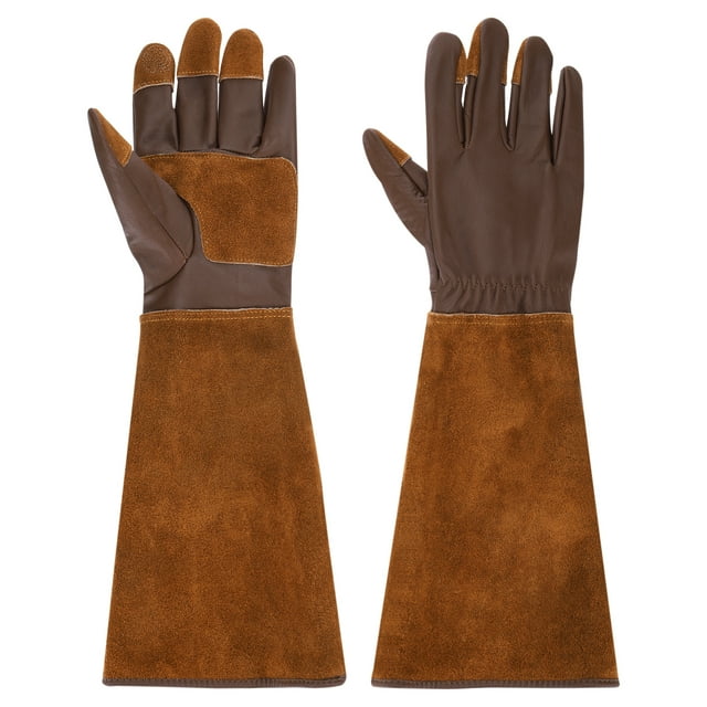 Guantes de jardinería largos Uxcell, guante de poda de rosas de cuero de vaca a prueba de espinas marrón L
