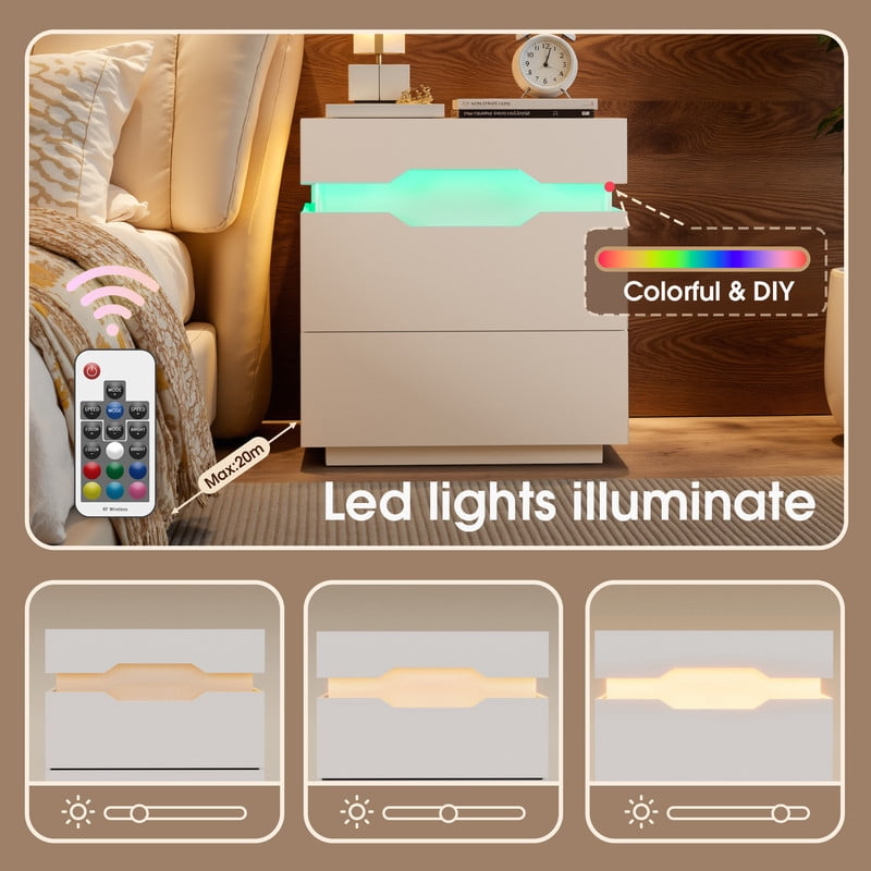 Vineego LED Nightstand with Charging Station, End Table Beside Table with 2 Drawers & Sliding Top for Bedroom Living Room,White