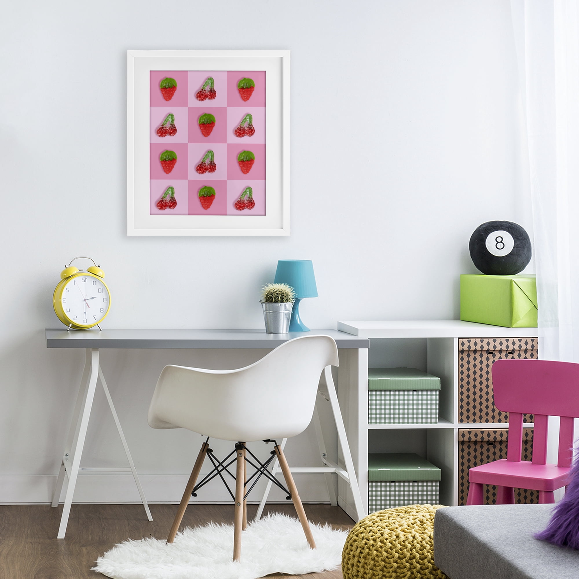Stupell Industries Gummy Strawberry and Cherry Checkerboard White Framed Print Under Glass, design by LISH Creative