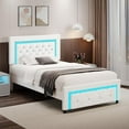 thumbnail image 3 of 4 Ever Winne Twin Size LED Bed Frame with Headboard，Upholstered Platform Bed Frame with Diamond Tufted Headboard and Footboard，White, 3 of 7