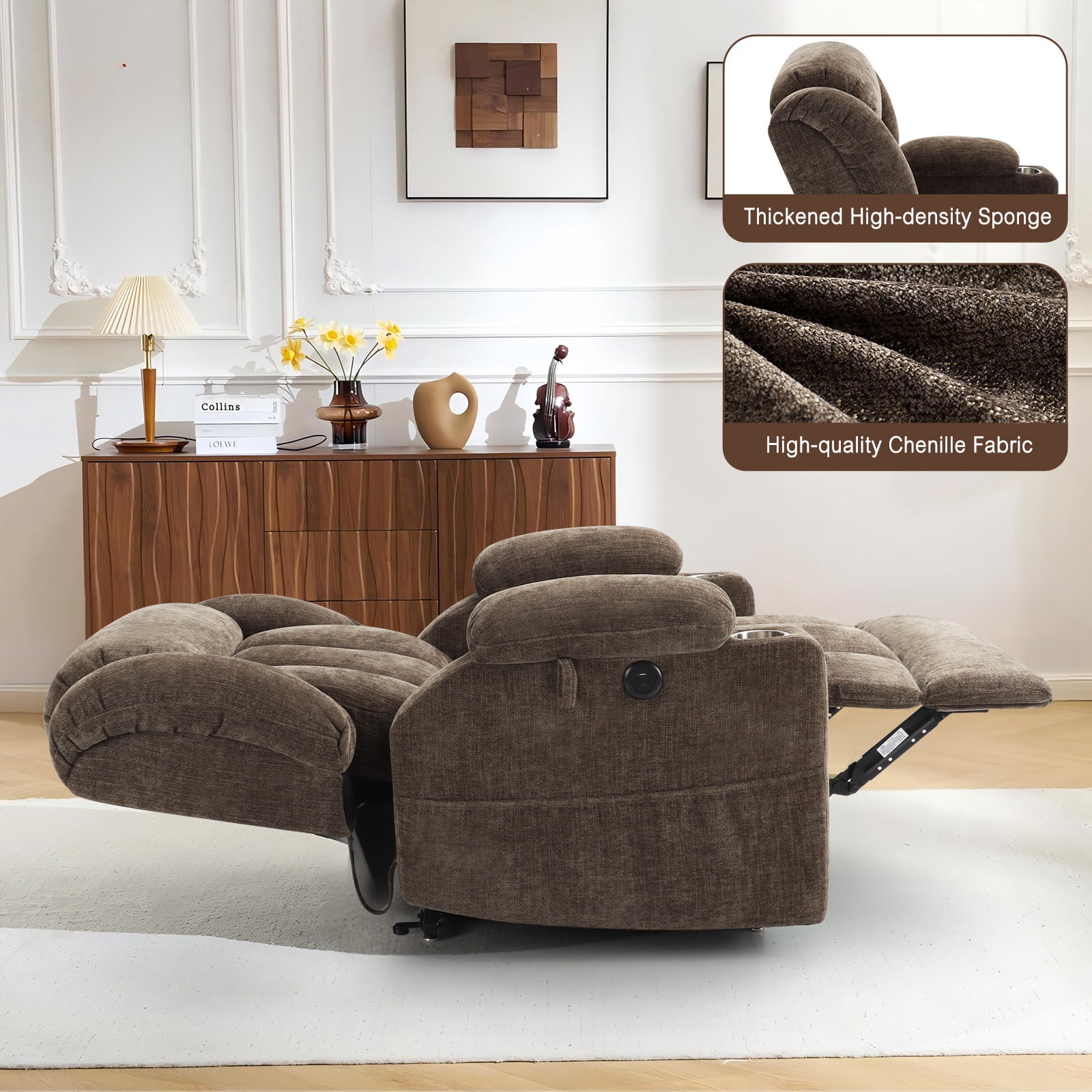 WACASA Lay Flat Recliner Chair with Heat and Massage, Dual Motor Lift Chairs for Elderly with Cup Holder, USB Ports, Oversized Power Recliners for Adults-Brown
