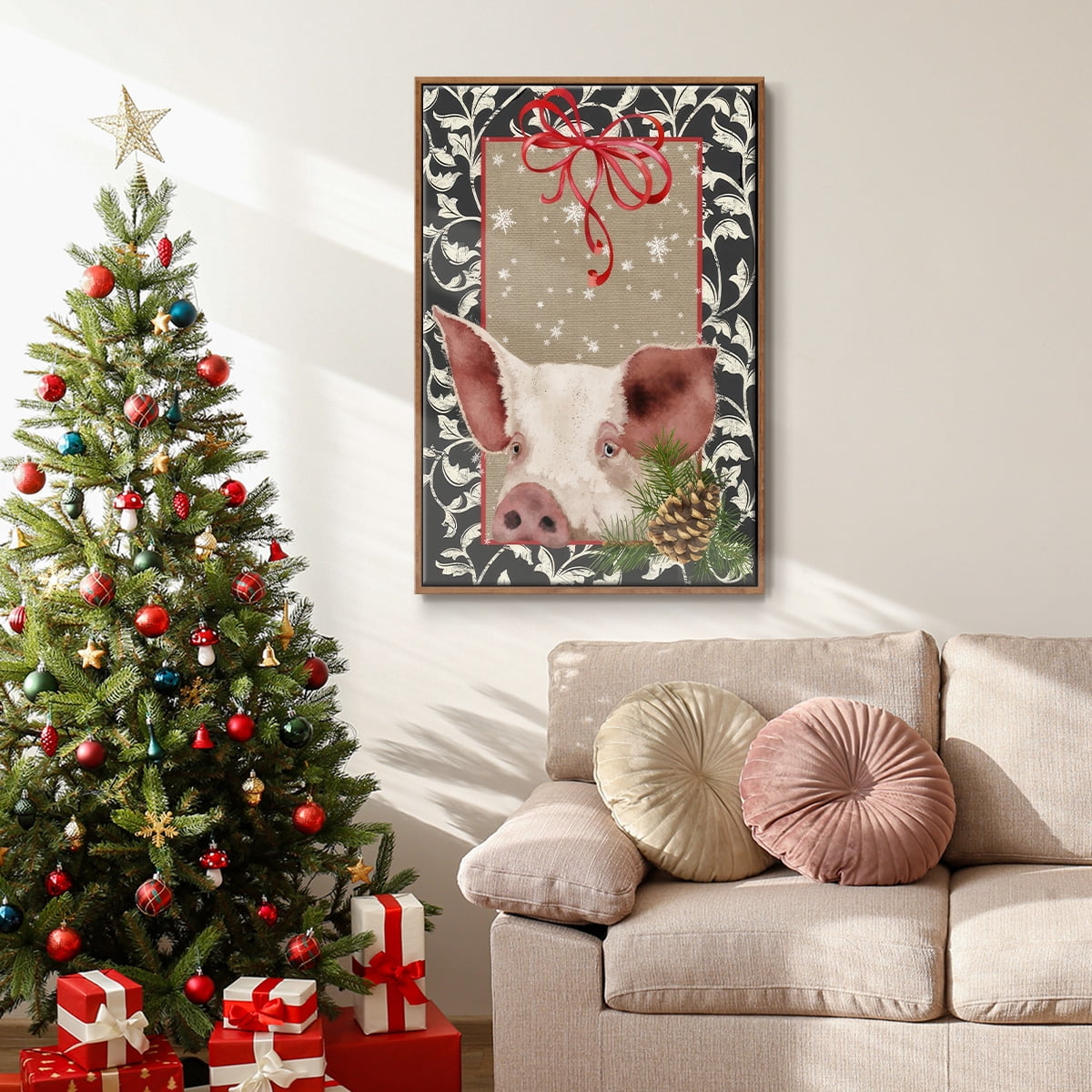 County Christmas Farm II - Framed Gallery Wrapped Holiday Canvas - 25 x 37 - Rosewood Frame