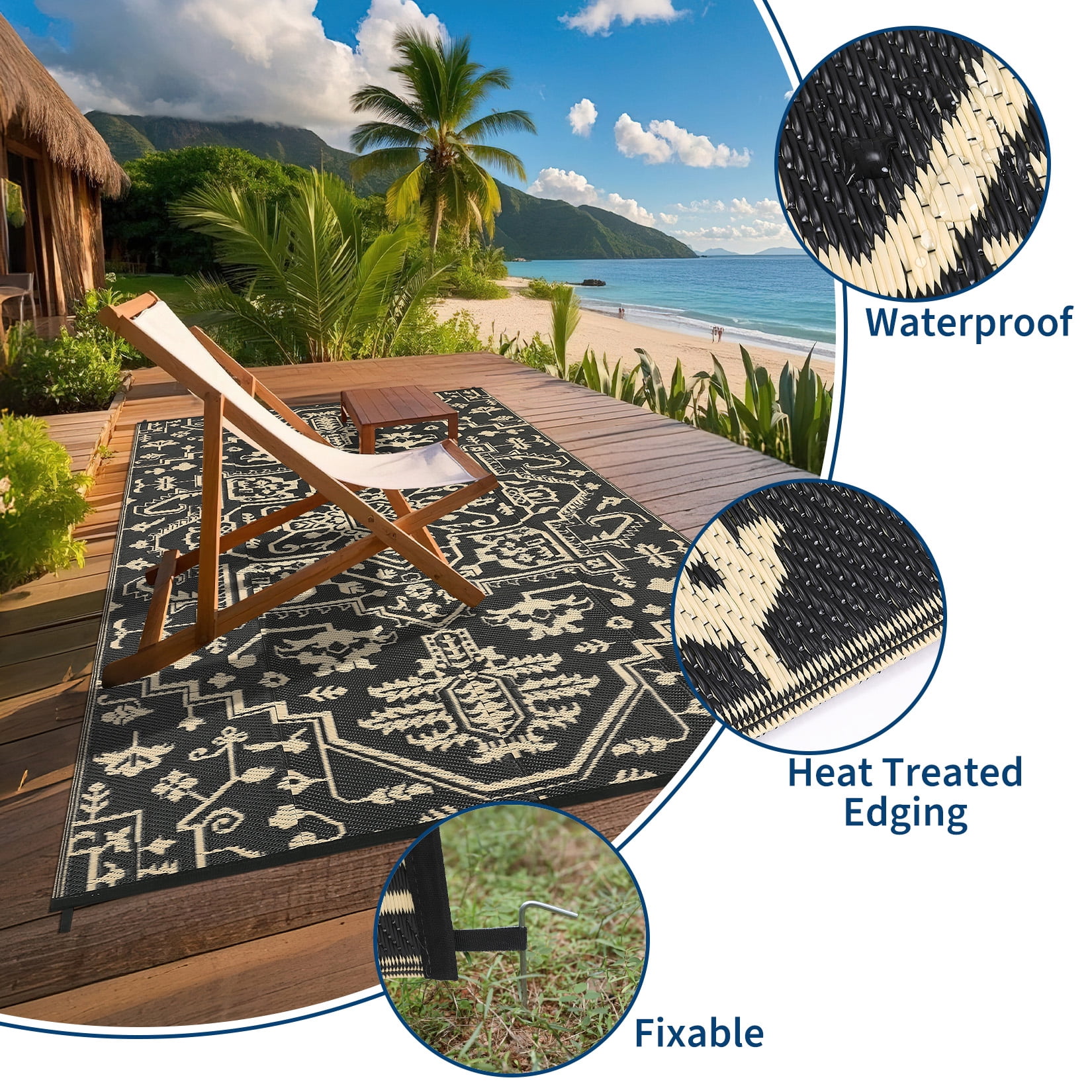 Nanan 9x18ft Outdoor Patio Rug, Portable Waterproof Plastic PP Tube Rug, Modern Scalloped Edge Mat for Deck, Yard, Camping, Balcony & Poolside, Black/Brown