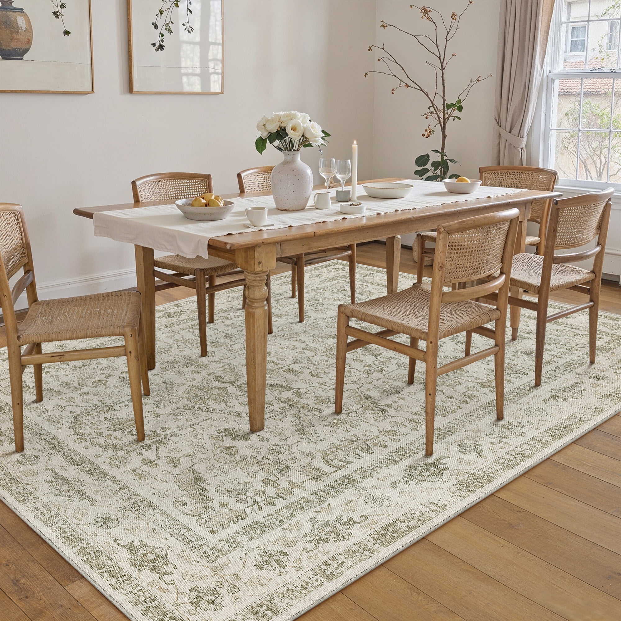 BERTHMEER 5'x7' Area Rug for Living Room Machine Washable Bedroom Rugs Distressed Vintage Oriental Traditional Print Beige Rug for Dining Room Farmhouse Nonsilp Carpet, Beige