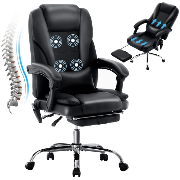 JONPONY Big and Tall Office Chair 500LBS Executive Office Chair Massage and Footrest Ergonomic Computer Desk Chair Reclining High Back Leather Office Chair Lumbar Back Support Swivel Rolling,Black