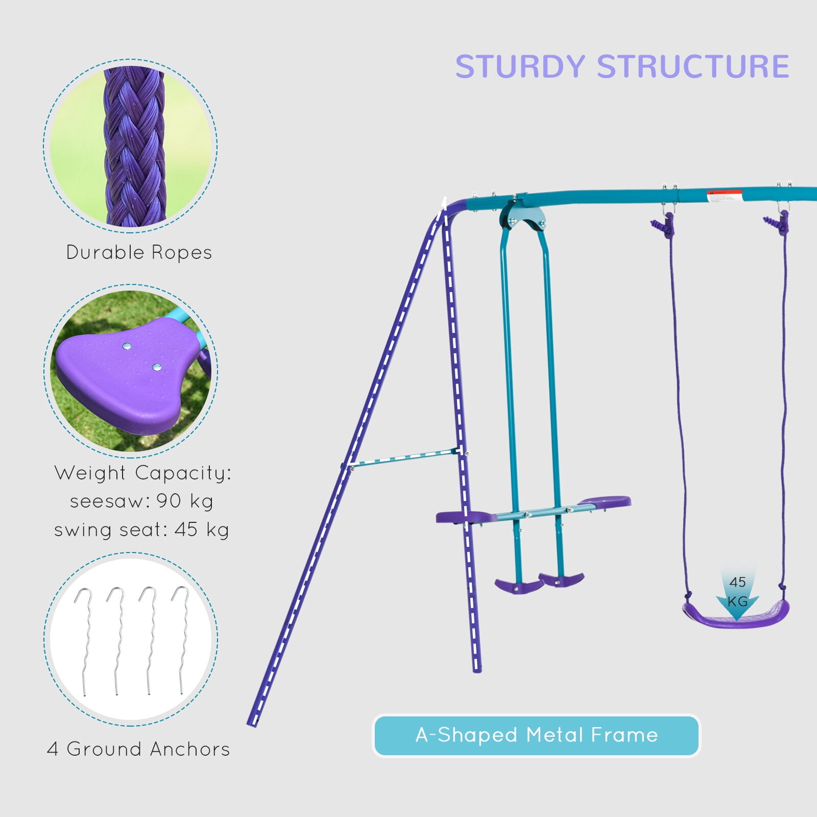 396lb Capacity Purple Metal Swing Set - Outdoor A-Frame Playset with Glider & 2 Adjustable Swings (110.3"L x 55"W x 70"H)