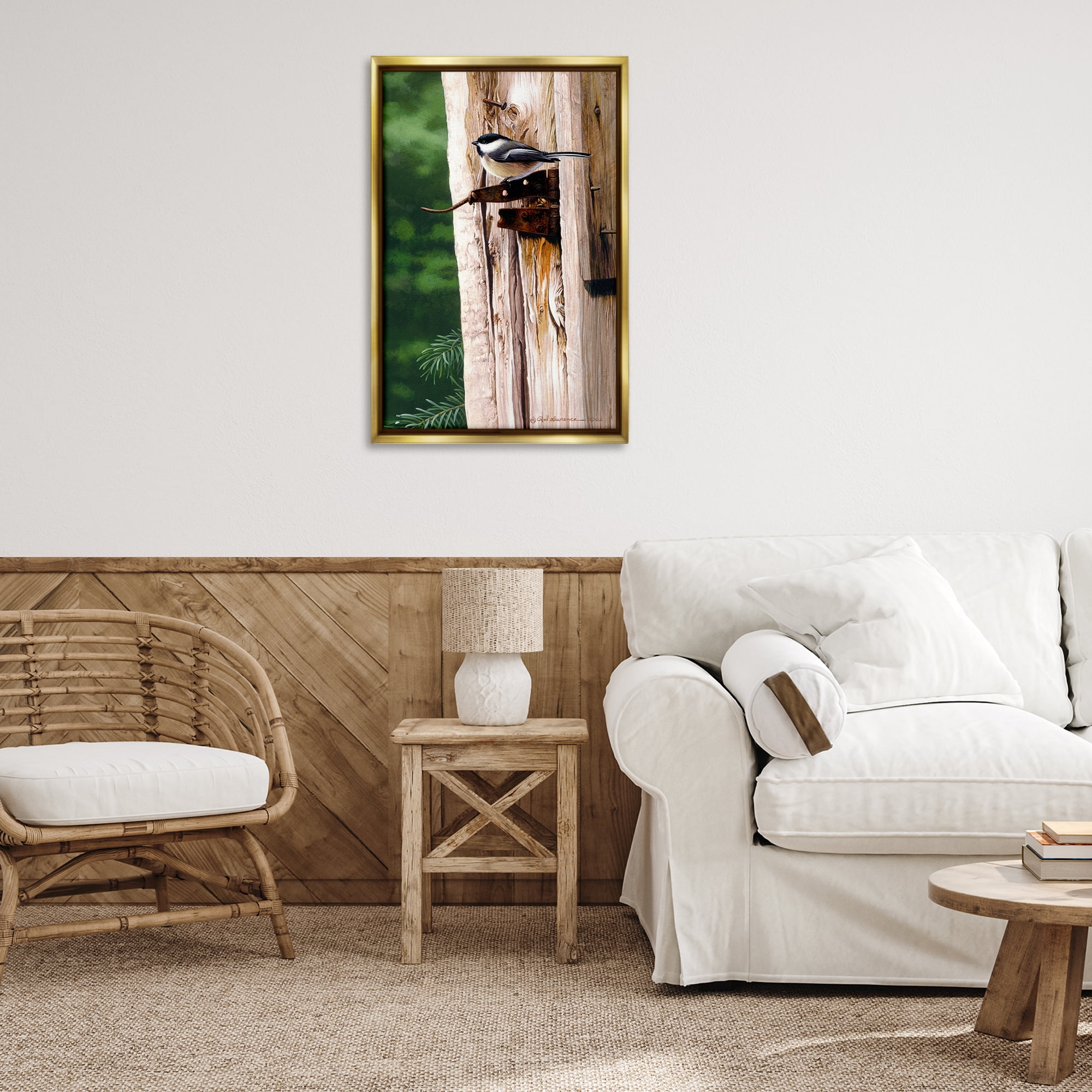 Stupell Industries Bird on Rusty Perch Animals Painting Gold Floater Framed Canvas Art Print Wall Art, 21 x 31