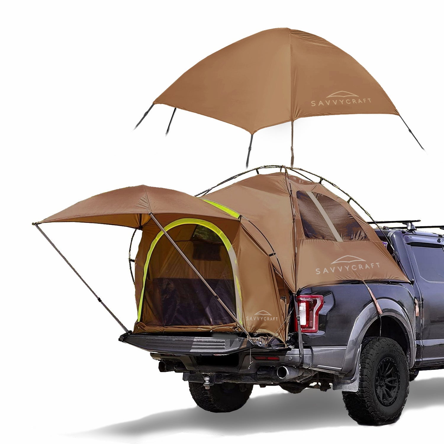 Savvycraft Pickup Truck Bed Tent for Full Size Truck 6.4'-6.7' Bed, Waterproof P3000mm 2-Person Double Layer Truck Bed Tent Camping Tent, Expandable Awning, Rainfly, Storage Bag Included Brown