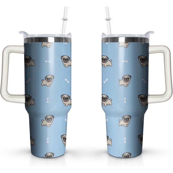 40 oz Cute Pug Tumbler with Handl Straw, Stainless Steel Insulated Cup with Lid and Straw, Travel Mug,Gifts for Women
