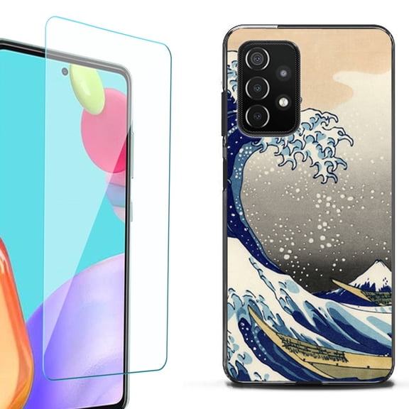 Slim-Fit Flexible TPU Gel Phone Case (black) for Samsung Galaxy A52 5G, with Tempered Glass Screen Protector, by OneToughShield ® - Great Wave