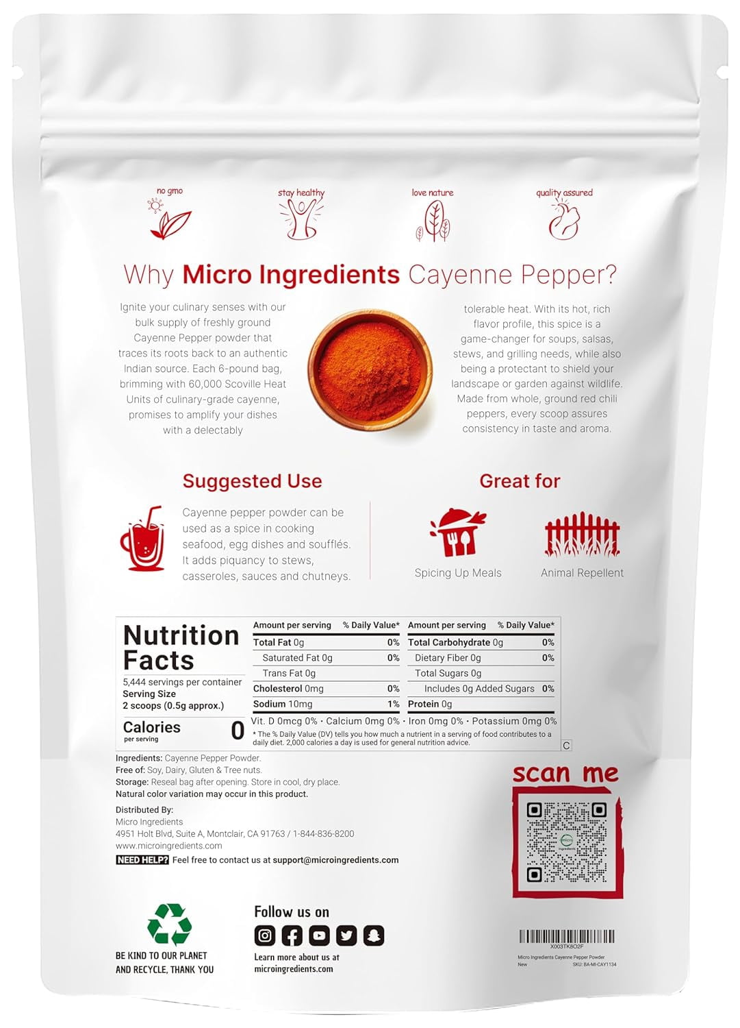 Micro Ingredients Ground Cayenne Pepper Powder, 6lbs (60,000 SHU Heat) Premium Source for Spice & Seasoning Garden Protection from Wildlife Additive Free, Non-GMO, Bulk Supply