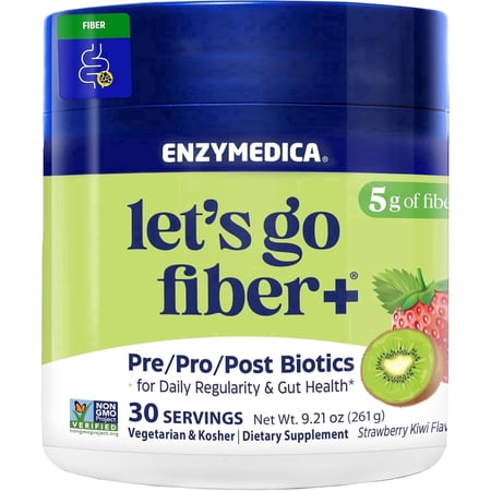 Enzymedica, Let’s Go Fiber+ Strawberry & Kiwi, Prebiotics & Probiotics, Postbiotic, Soluble Fiber for Gut Health, Regularity, Powder for Men & Women, Sugar-Free, 30 Servings