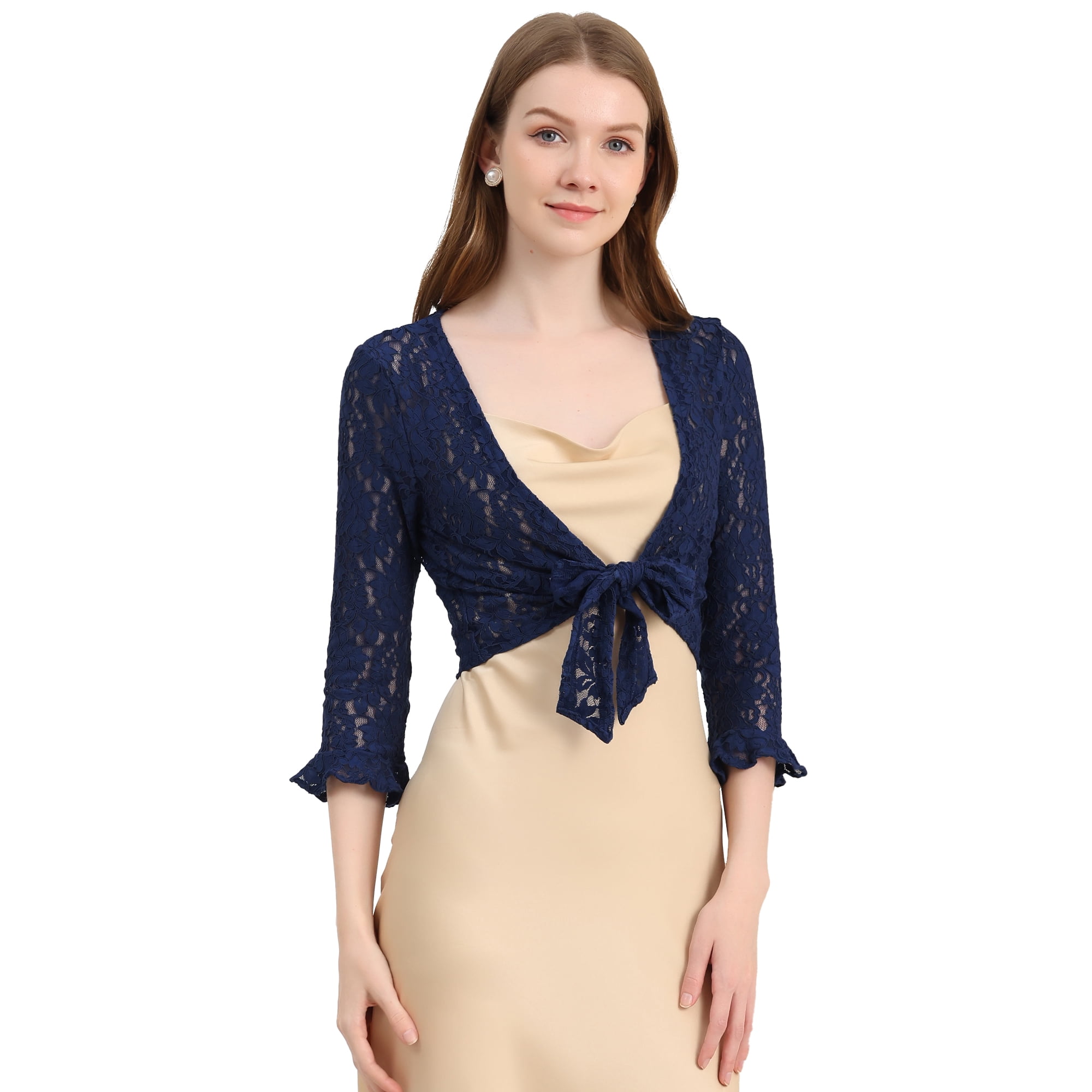 INSPIRE CHIC Women's Bolero Cardigan Ruffle 3/4 Sleeve Tie Front
