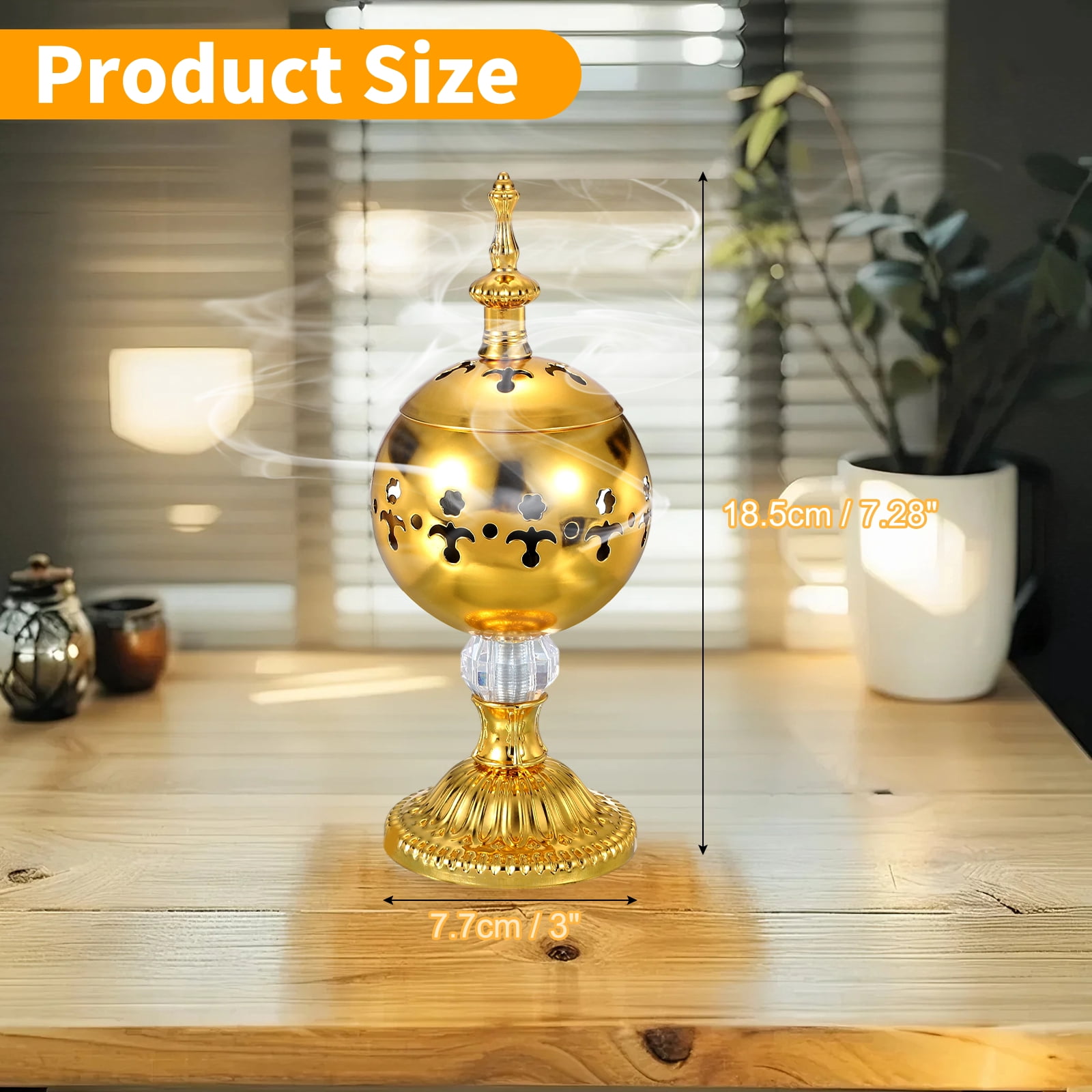 Incense Holder, 18.5 x 7.7cm Frankincense Charcoal Round Incense Burner, Gold