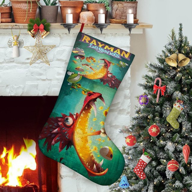 Rayman Legends Tema: Calcetines de Navidad, fino lino blanco para colgar en escaleras y chimenea, decoración navideña para el hogar, regalo de Navidad. 45cm × 32cm
