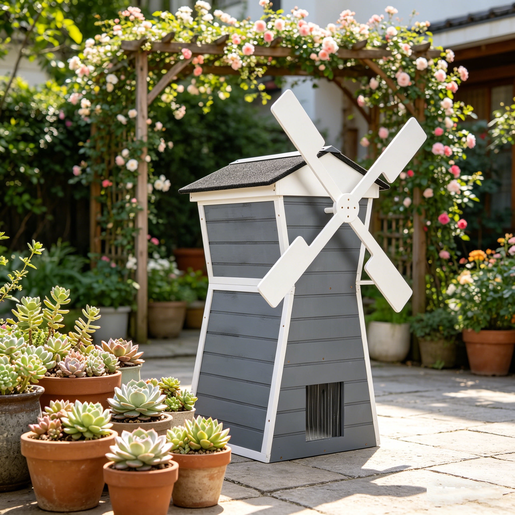 Coziwow Outdoor Cat House, Two-Story Windmill-Shaped Kitty Enclosure with Waterproof Roof, Viewing Platform for Porch or Garden