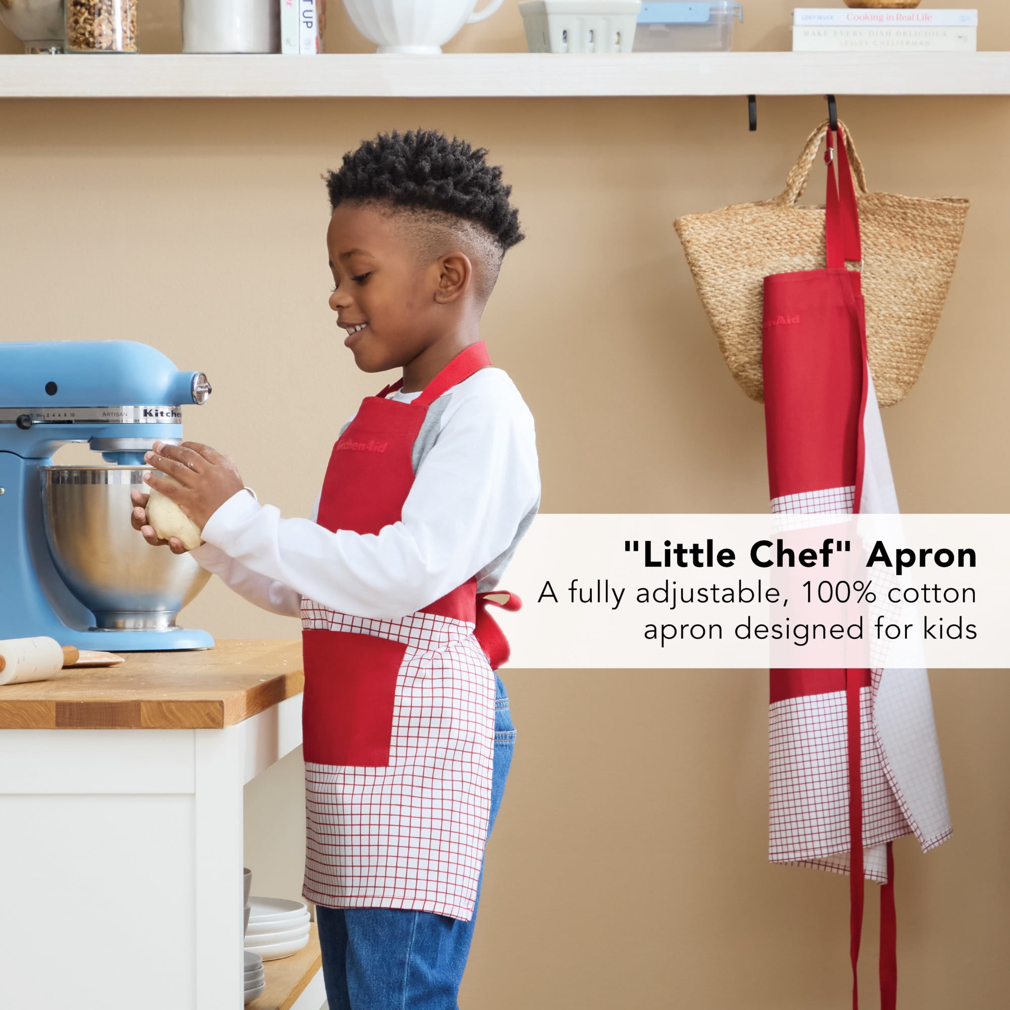 KITCHENAID Gourmet Series Gridlines Little Chef Apron, Water & Stain Resistant, Passion Red, Child-Sized 19"x20"