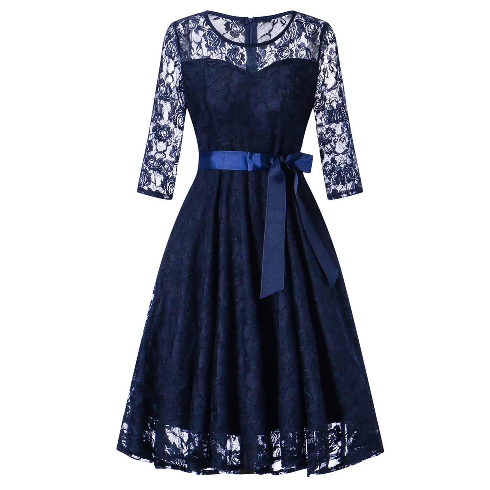 Women's 3/4 Sleeve Lace Dress Vintage Patchwork Solid Big Swing