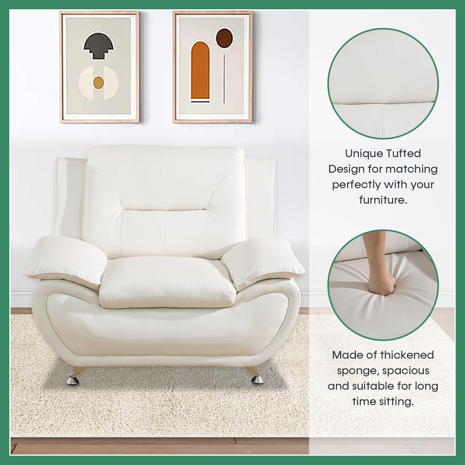 PonLiving Oversize Modern Leather Sofa Set with Loveseat and Armchair, 3-Piece Living Room Furniture Sets, Off White