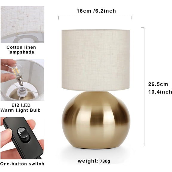 Modern Small Table Lamp Set of 2, Minimalist Nightstand Bedside Lamps with One-Button Inline Switch, 10.4 Inch Desk Light for Bedroom, Living Room,Including Light Bulb（Golden）