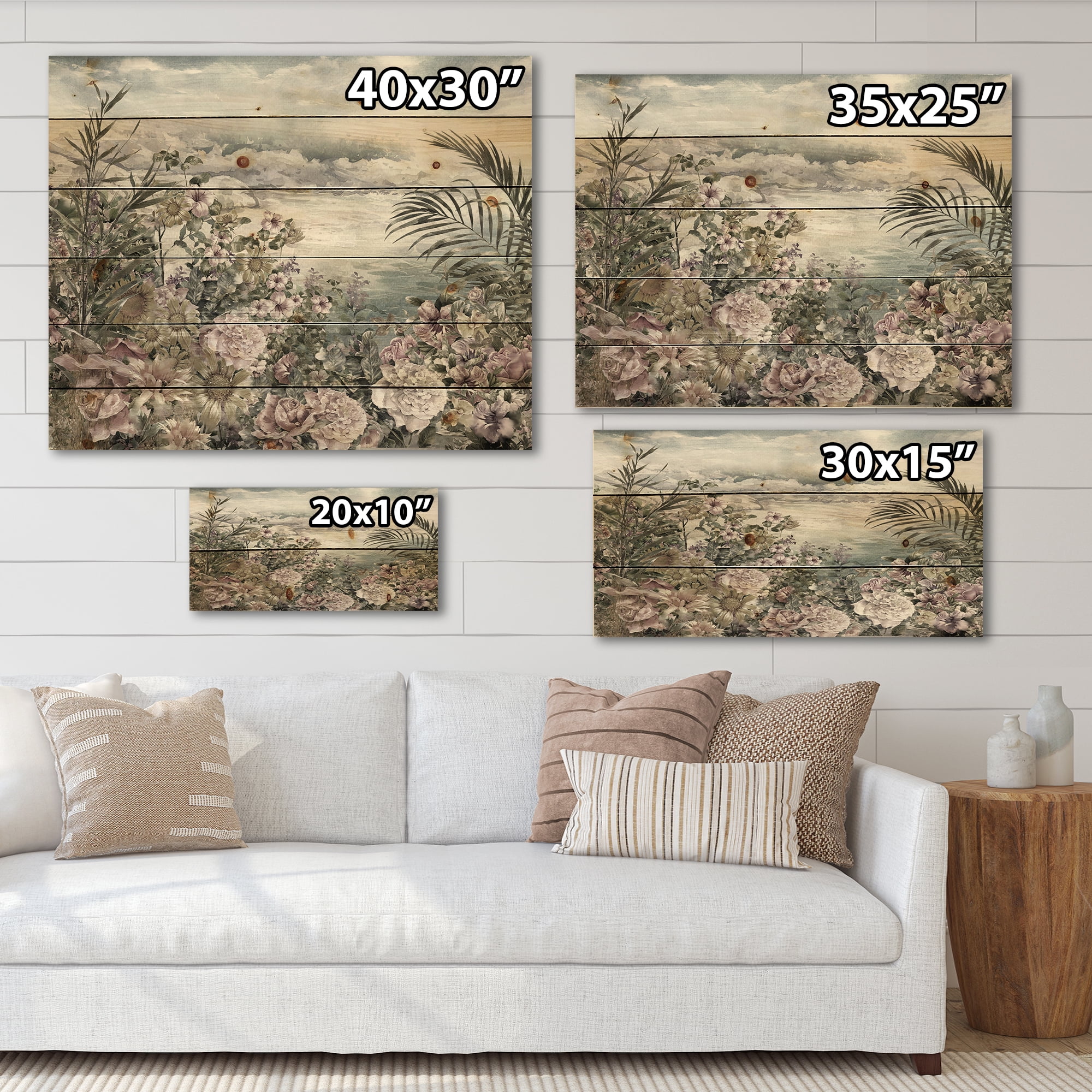 Designart 'Abstract Retro Flowers By The Sea Side' Vintage Print on Natural Pine Wood