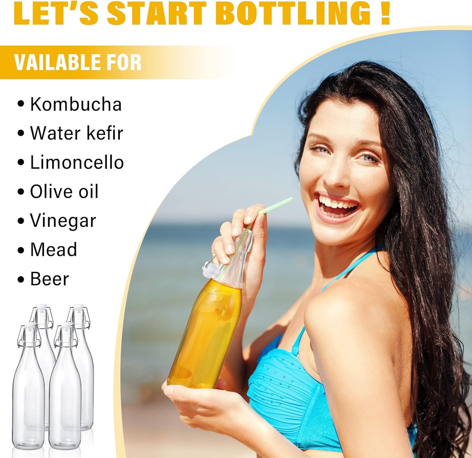 Swing Top Glass BottlesGlass Bottles with White Caps for Home Brewing Kombucha Homemade Juices Beer Water Oil Vinegar Soda Syrup Kefir Beverages