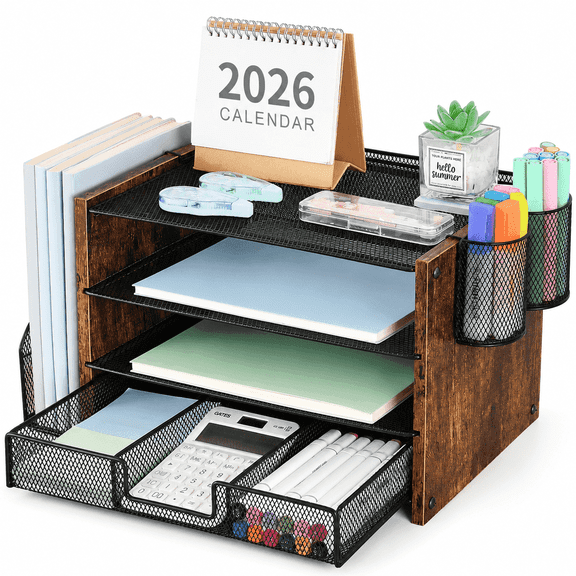 MEHOOM 4-Tier Wooded Desk Organizer Sets, Desktop File Organizer with Drawer and Pencil Holders for Office, Dorm Desktop Setup, Classroom Desk Accessories & Workspace Organizers