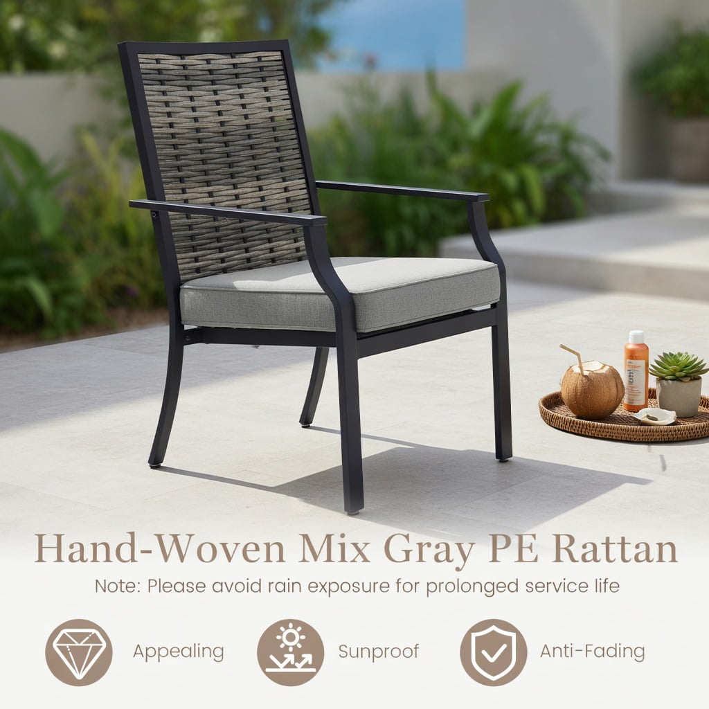 Hommoo 2-Pack Stackable Outdoor Wicker Armchairs with Removable Gray Cushions, PE Rattan Patio Chairs for Backyard, Balcony & Poolside, Gray