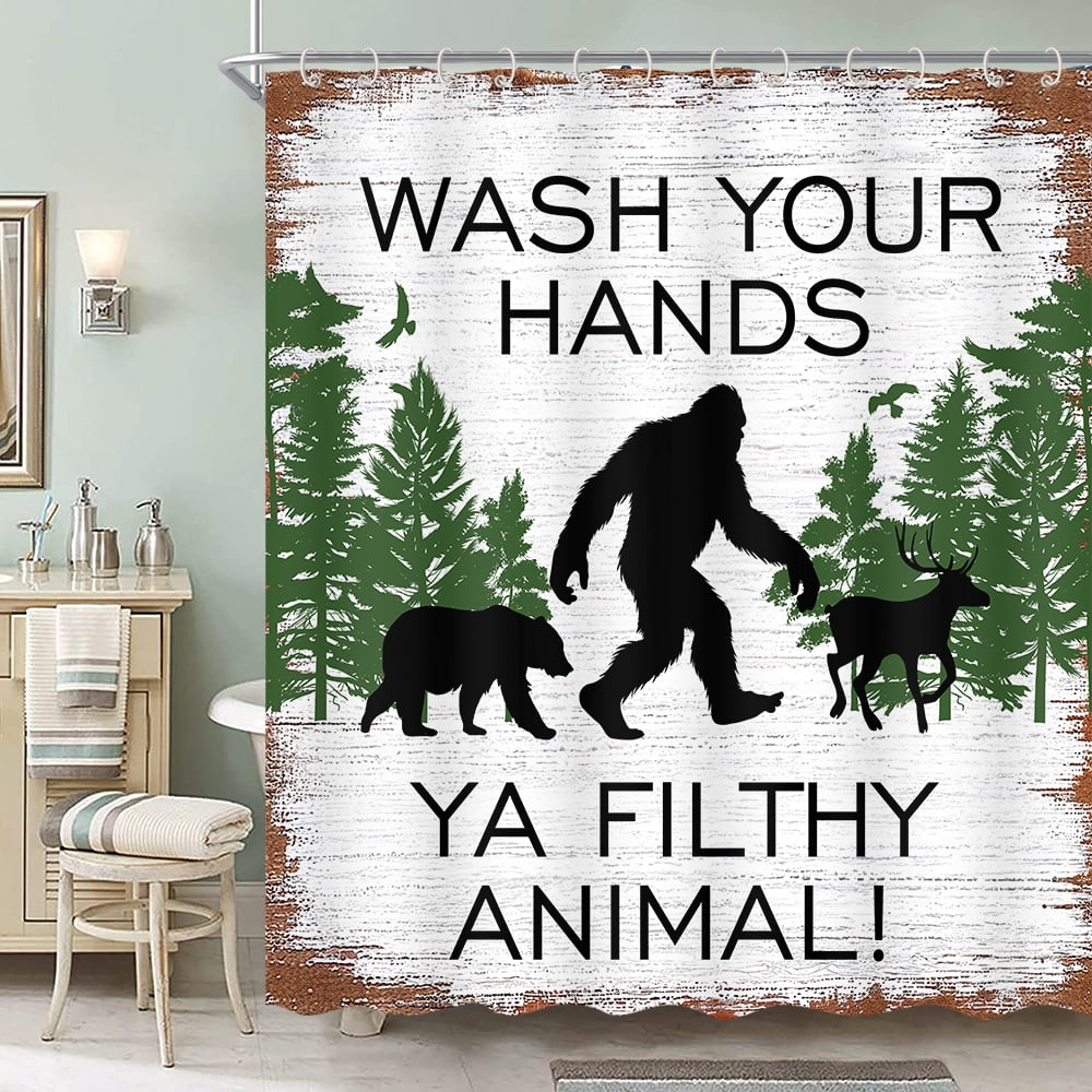 Retro Country Funny Animal Shower Curtain Rustic Vintage Forest Chimpanzee Brown Bear Deer Farmhouse Bathroom Curtain Polyester Fabric Waterproof Shower Curtain Set with 12 Hooks, 60X70IN