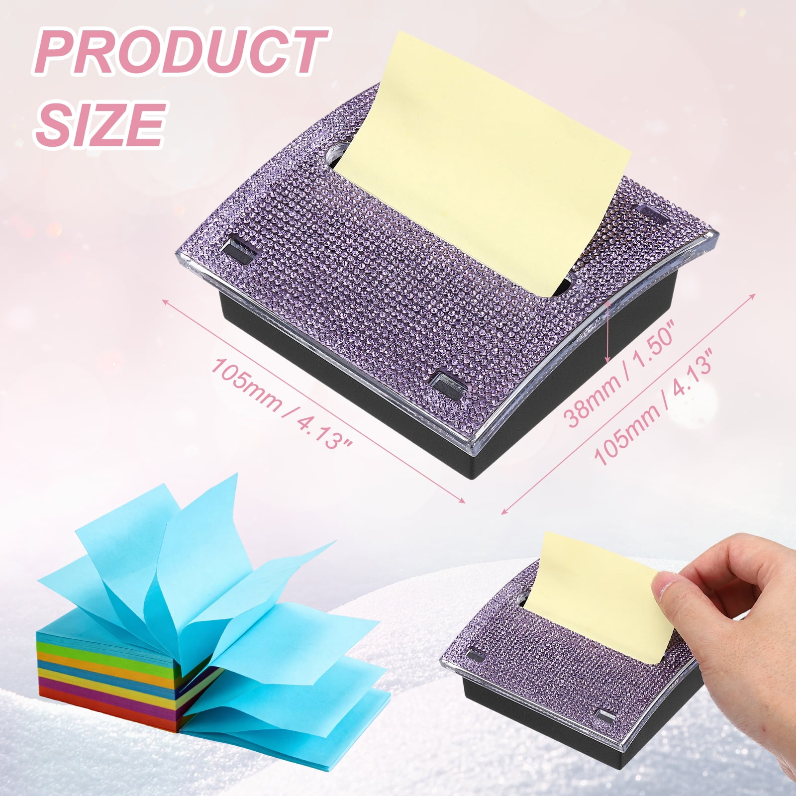 Stick Note Pad Holders, 4 x 4 Inches Rhinestone Sticky Note Dispenser Memo Pad Holder Office Desk Organizer Supplies for Office Home Desk Organization, Purple