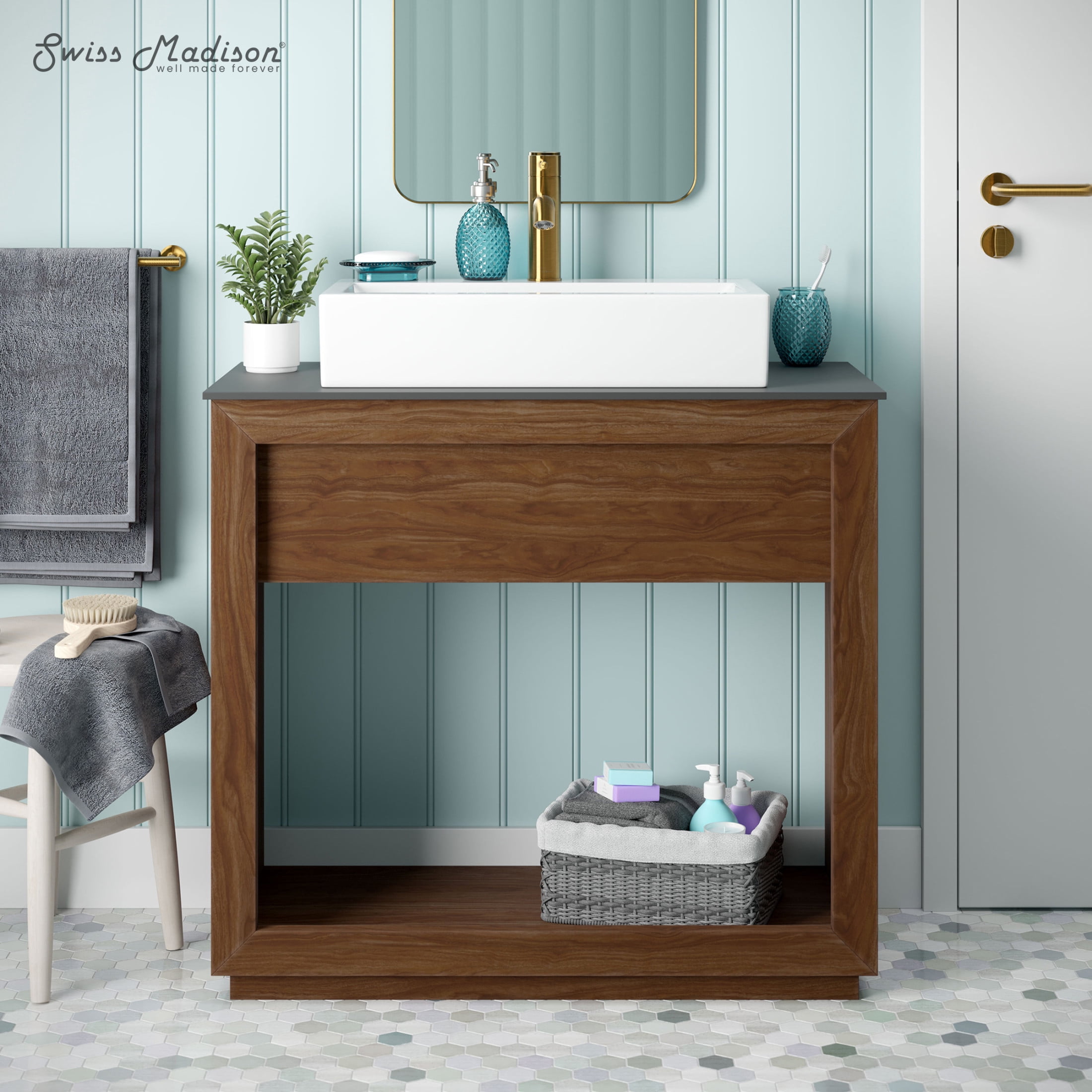 Rennes 36" Reclaimed Wood Vanity in Walnut with Slate Countertop and Single Hole Vessel Sink