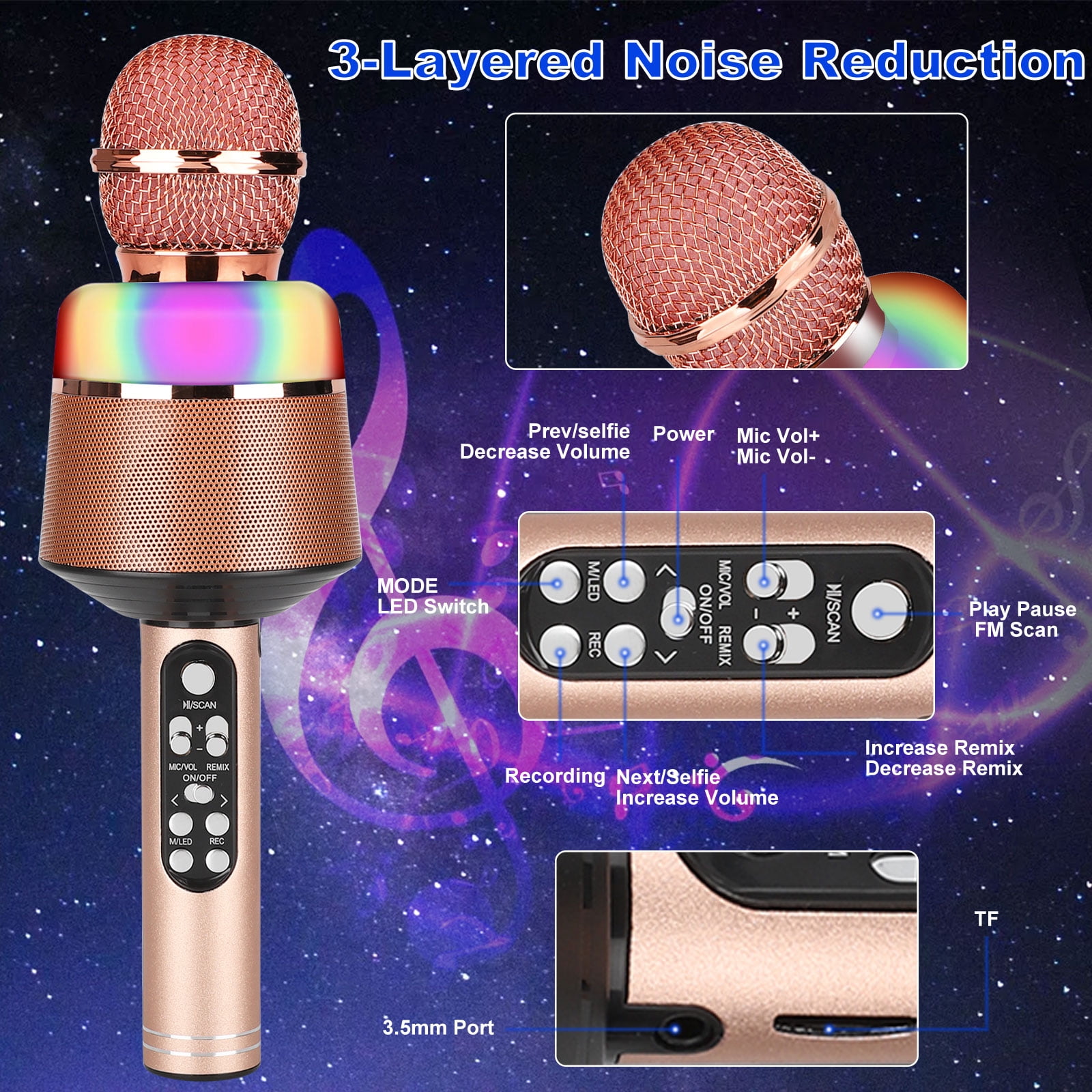 LNKOO Bluetooth 5 in 1 Karaoke Wireless Microphone with LED Lights, Portable Microphone for Kids, Best Gifts Toys for Kids, Girls, Boys and Adults