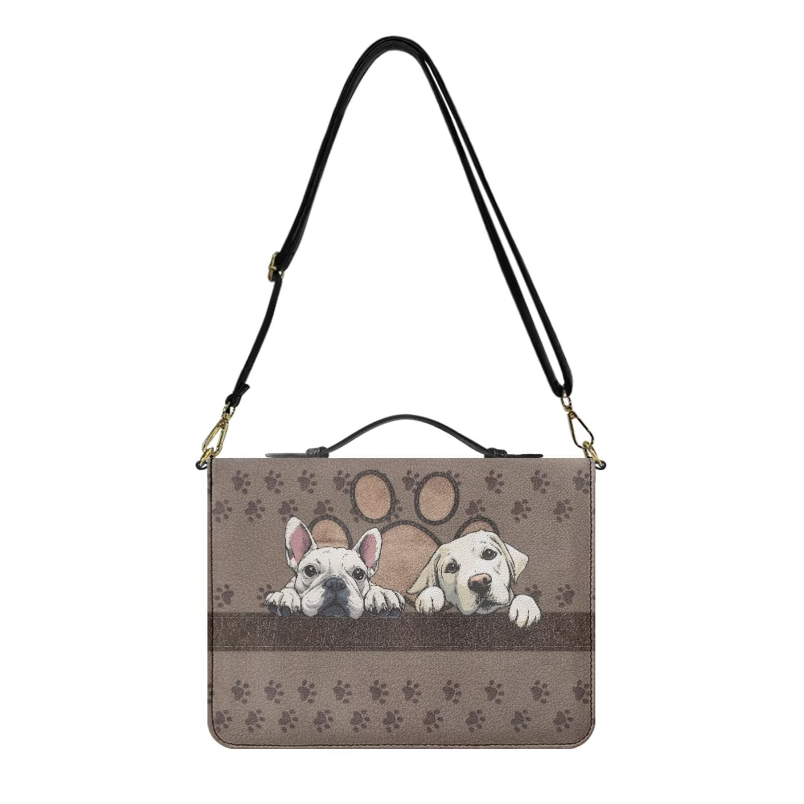 Kuiaobaty French Bulldog Print Bible Case for Women Men Labrador Paw Print Bible Cover Church Bag with Bookmark Roomy Bibles Carrying Case with Handle and Strap for Christian Daily, Brown