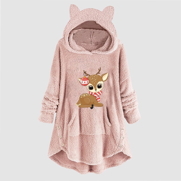 Puntoco Mujer Casual Navidad Impresión Botones De Felpa Manga Larga Con Capucha Abrigo De Felpa Top Puntoco Puntoco-4765