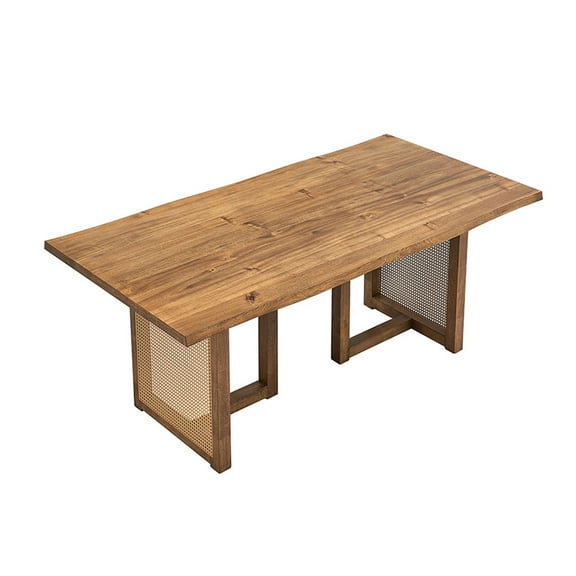 JERFIT 6-Person Bohemian Dining Table with Rattan Weave, Mid-Century Modern Rectangular Waves Design Wood Kitchen Table for Living Room, Restaurant, Office