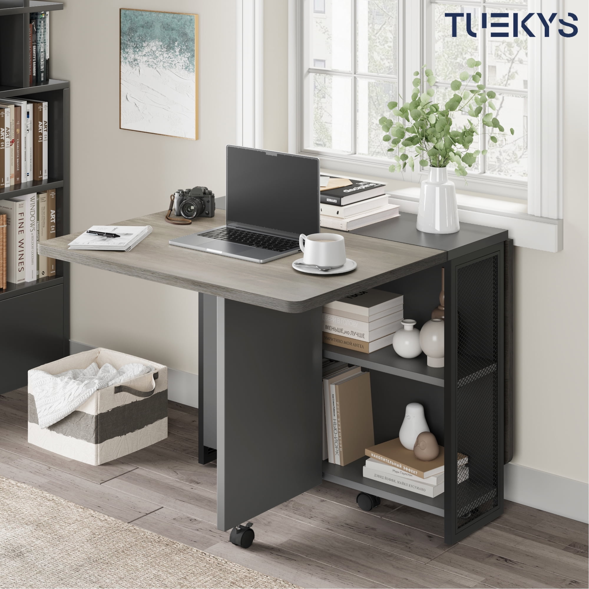 Tuekys Folding Dining Table Drop Leaf Kitchen Table with 2 Storage Racks-Perfect for Small Spaces Multifunction Space Saving Table Extension Dinner Table Kitchen Office Desk Gray