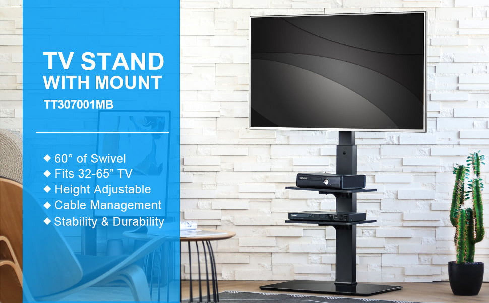 FITUEYES Swivel Floor TV Stand with Mount For 32 To 65 Inch TV Height Adjustable, Space Saving for Corner Bedroom Living Room, Black Tall Tv Stand with Glass Base