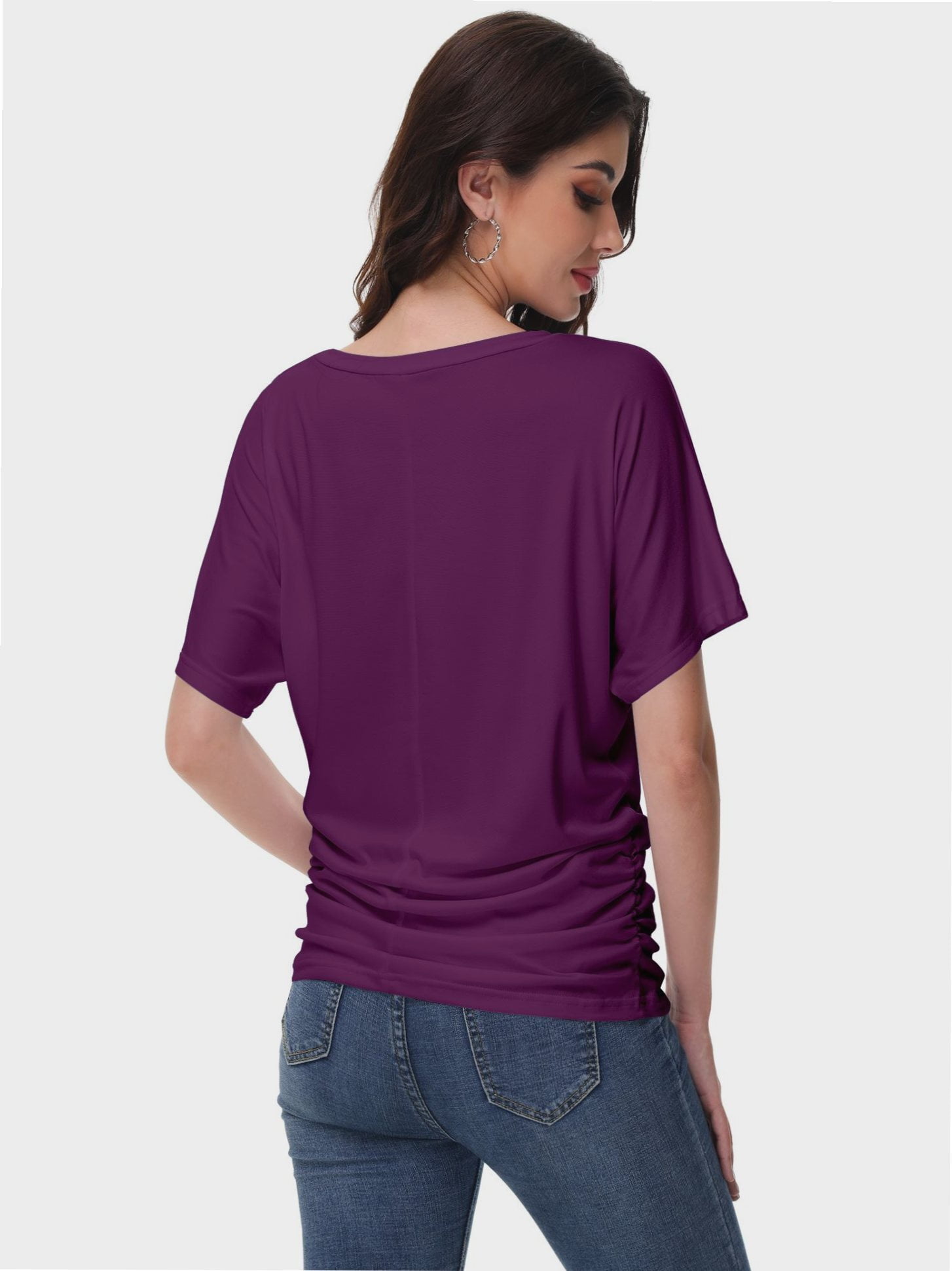 Womens Short Sleeve V Neck Dolman Tops with Side Shirring