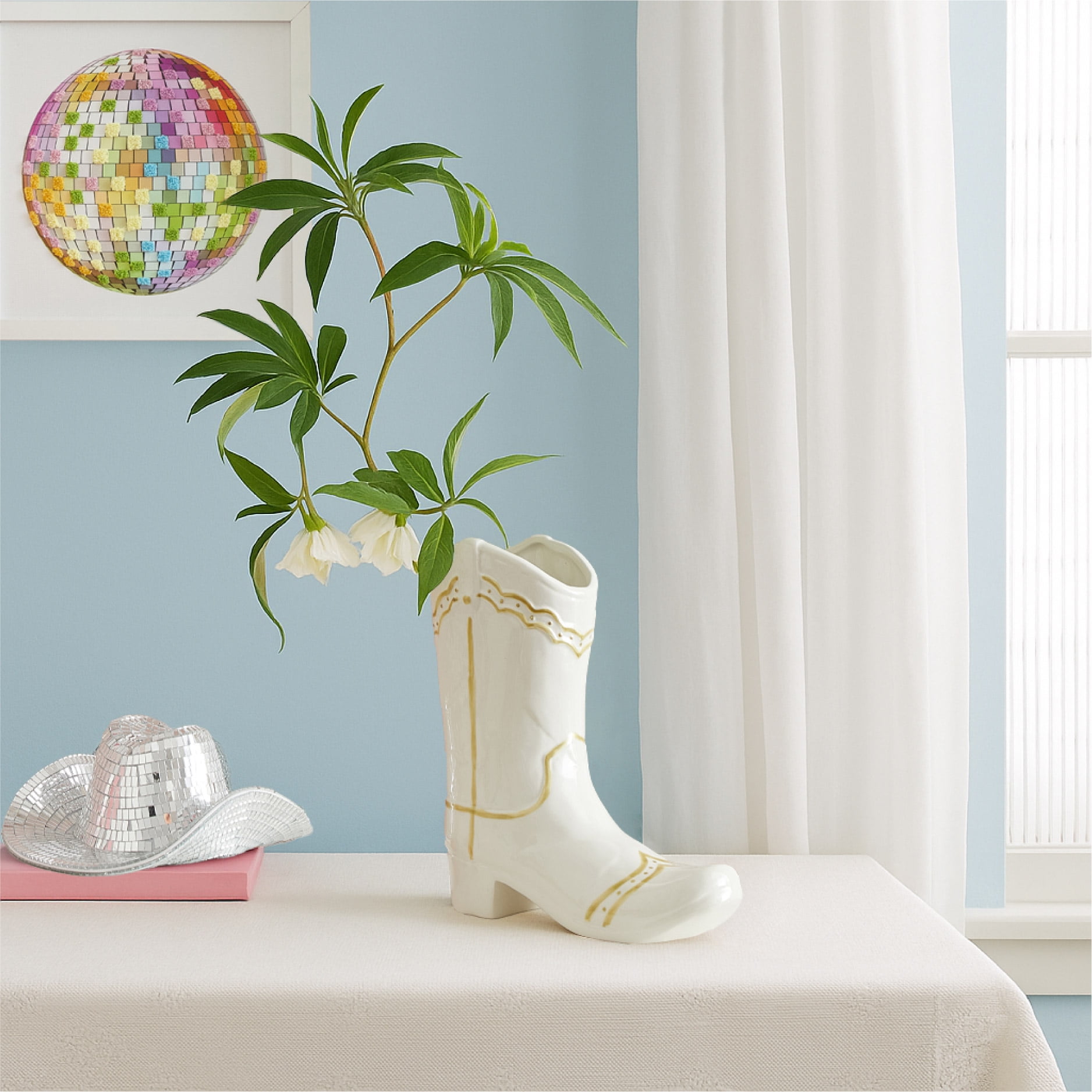 Mainstays White and Gold Cowgirl Boot Ceramic Vase, 7.3" L x 9" H