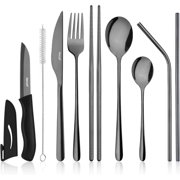 Hecef 11-Piece Flatware Set, Portable Stainless Steel Silverware Set with Black Titanium Coating