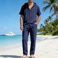 thumbnail image 2 of OGLCCG Men's 2 Piece Linen Beach Outfits Short Sleeve Button Up Hooded Shirt and Pant Set Casual Matching Set with Pockets,XL,Navy, 2 of 8