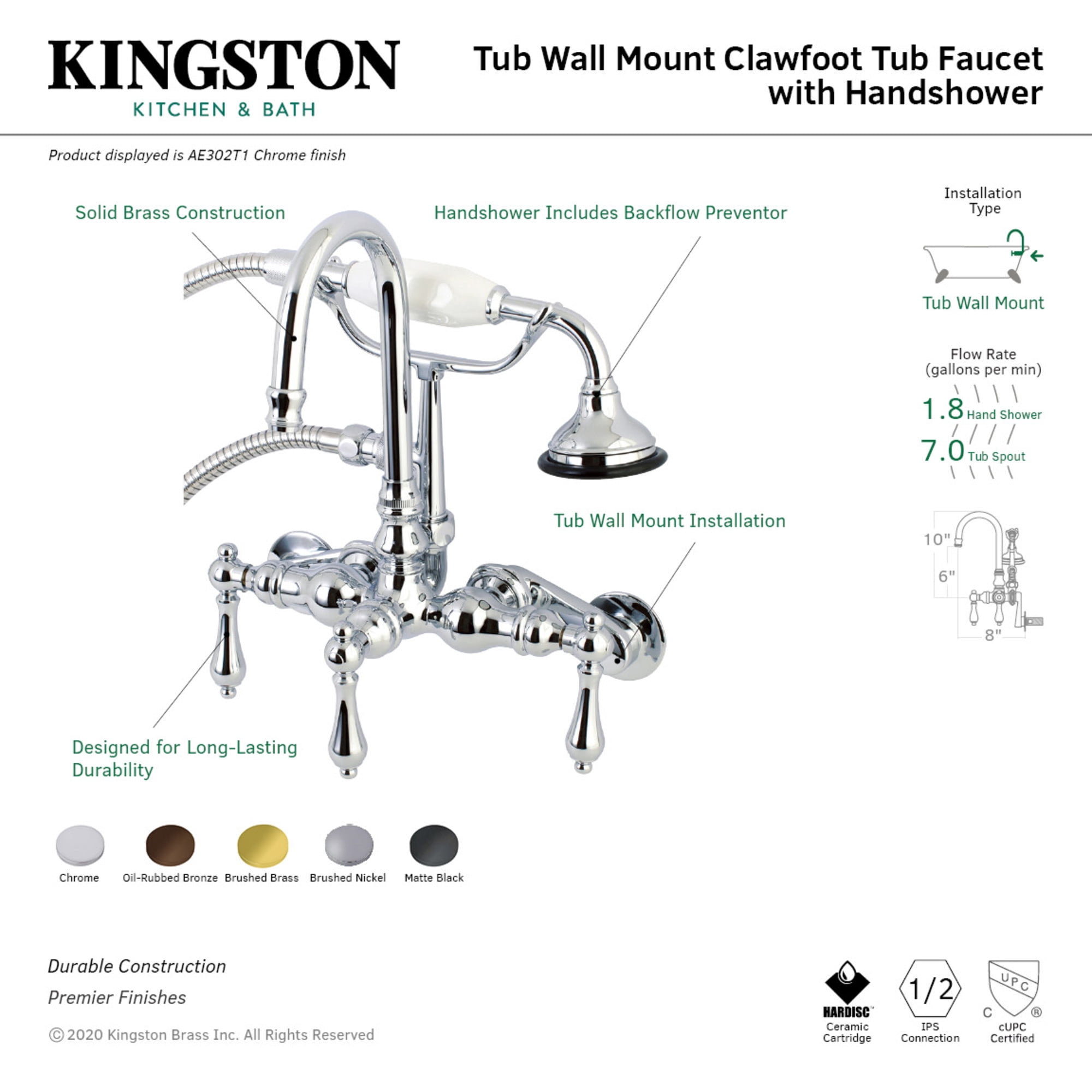 Kingston Brass AE301T0 Aqua Vintage Wall Mount Clawfoot Tub Faucets, Matte Black