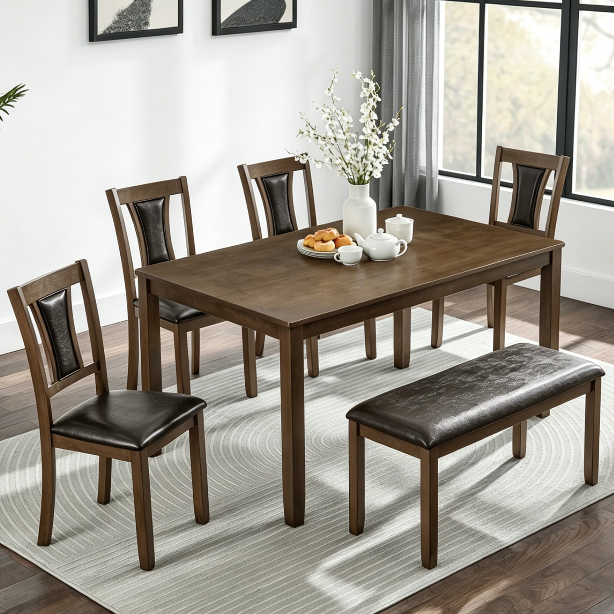 Gewnee Farmhouse 6 Piece Kitchen Dining Table Set,Rectangular Table with 4 PU Upholstered Chairs and a Bench,Wood Dining Room Table Set for 6 People.Walnut