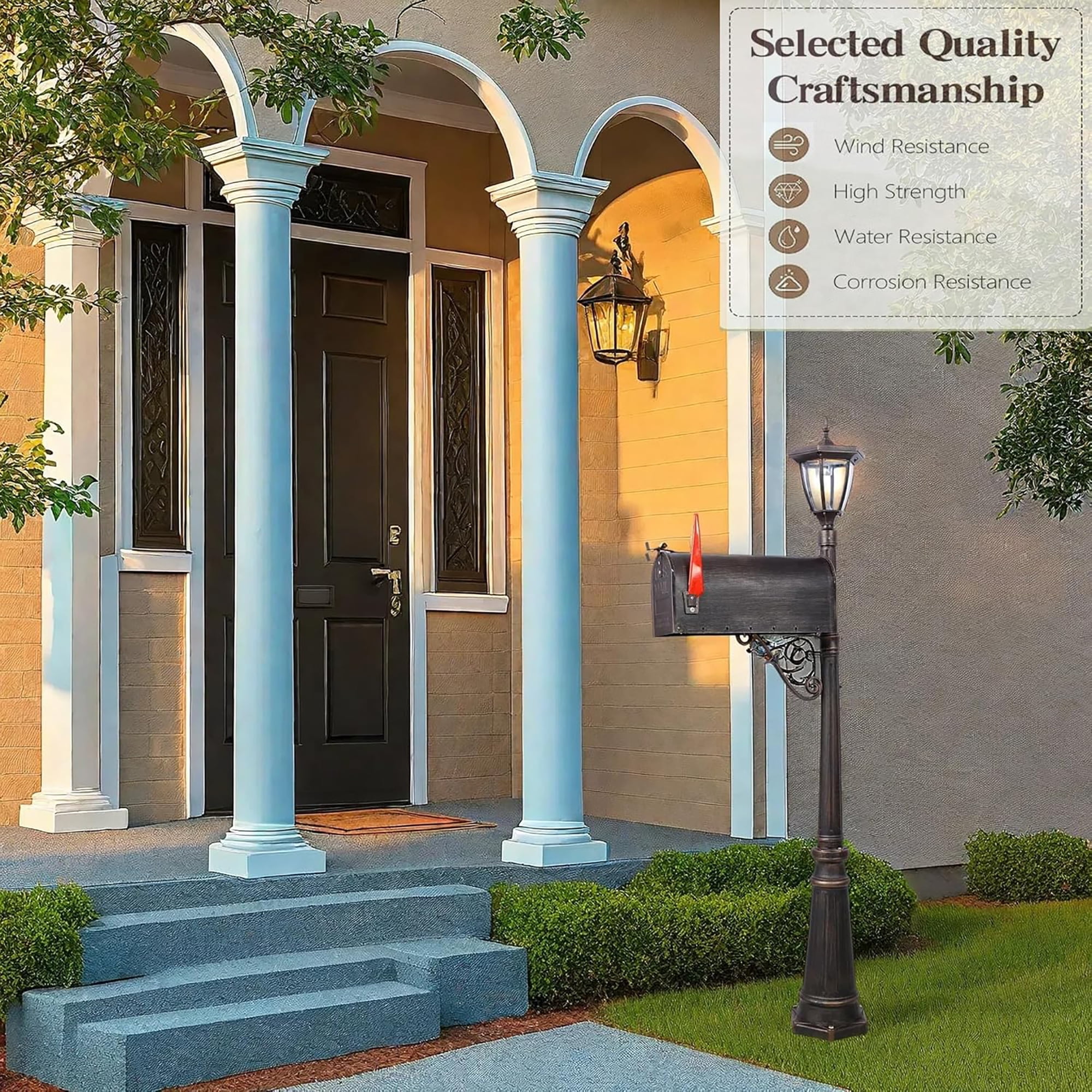 Large Mailbox with Post &Solar Lights Combo, Stratford Heavy Duty Cast Aluminum Mailboxes for Outside,Decorative Modern Mail Box for Homes