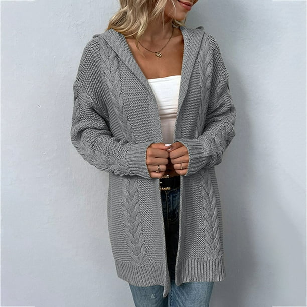 CAICJ98 Long Winter Coats for Women Women's Long Sleeve Cable Knit Button  Cardigan Sweater Open Front Outwear Coat with Pockets Grey,XL