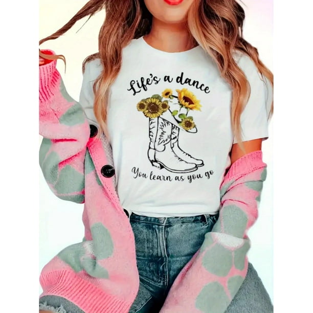 Vibrant Women's T-Shirt - Round Neck, Casual Sports Style Summer Tee with Sunflower & Cowboy Boots Print, Soft Fabric, Relaxed Fit, Perfect for Outdoor Activities Tee Tee For Adult, Men, Women, Teen